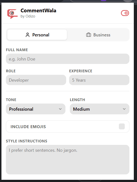CommentWala Popup - Persona Settings for AI